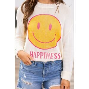Kori Ivory and Yellow Happiness Smiley Sweater, size large